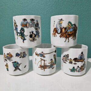 Korean Folklore Ceramic Tea Mugs Lot of 5 Sake Cups Kim Hong-Do Soju Wine